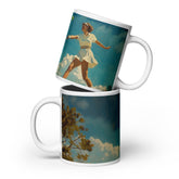 Tennis-inspired ceramic mug with the Skyward Swing artwork by Drese Art