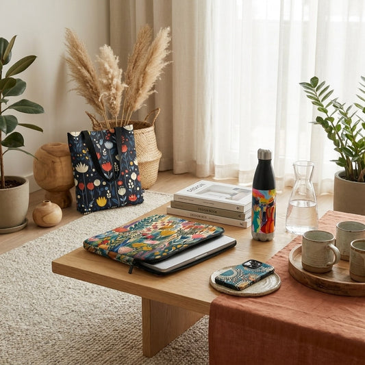 Modern artistic lifestyle accessories featuring floral, abstract, and nature-inspired designs arranged in a contemporary interior setting.