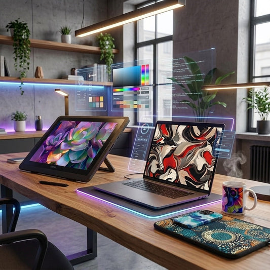Futuristic creative workspace showing AI-assisted digital art tools alongside artistic lifestyle accessories and modern technology.