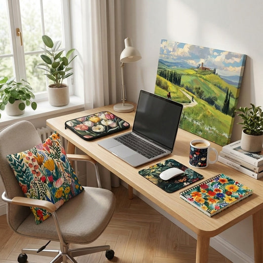 Creative home office workspace with artistic laptop sleeve, floral notebook, mouse pad, mug, and decorative accessories.