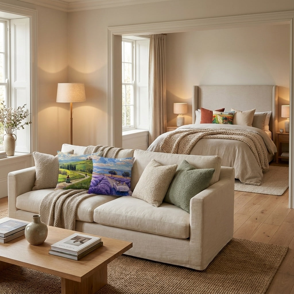 Warm modern living room decorated with artistic throw pillows inspired by landscape and travel artwork.