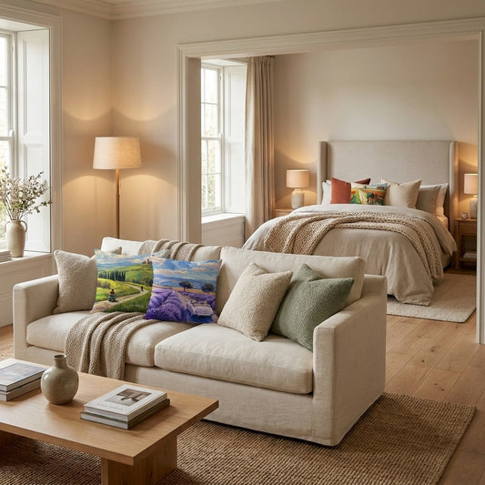 Warm modern living room decorated with artistic throw pillows inspired by landscape and travel artwork.
