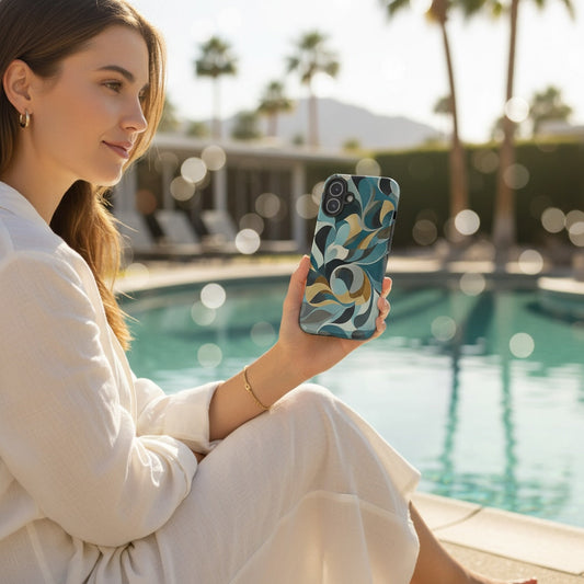 Lifestyle image of Abstract pattern iPhone case with the Aqua Reverie artwork by Drese Art