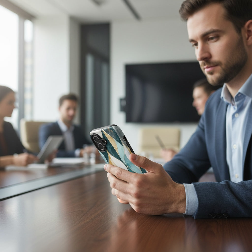 Lifestyle image of Abstract pattern iPhone case with the Gilded Currents artwork by Drese Art