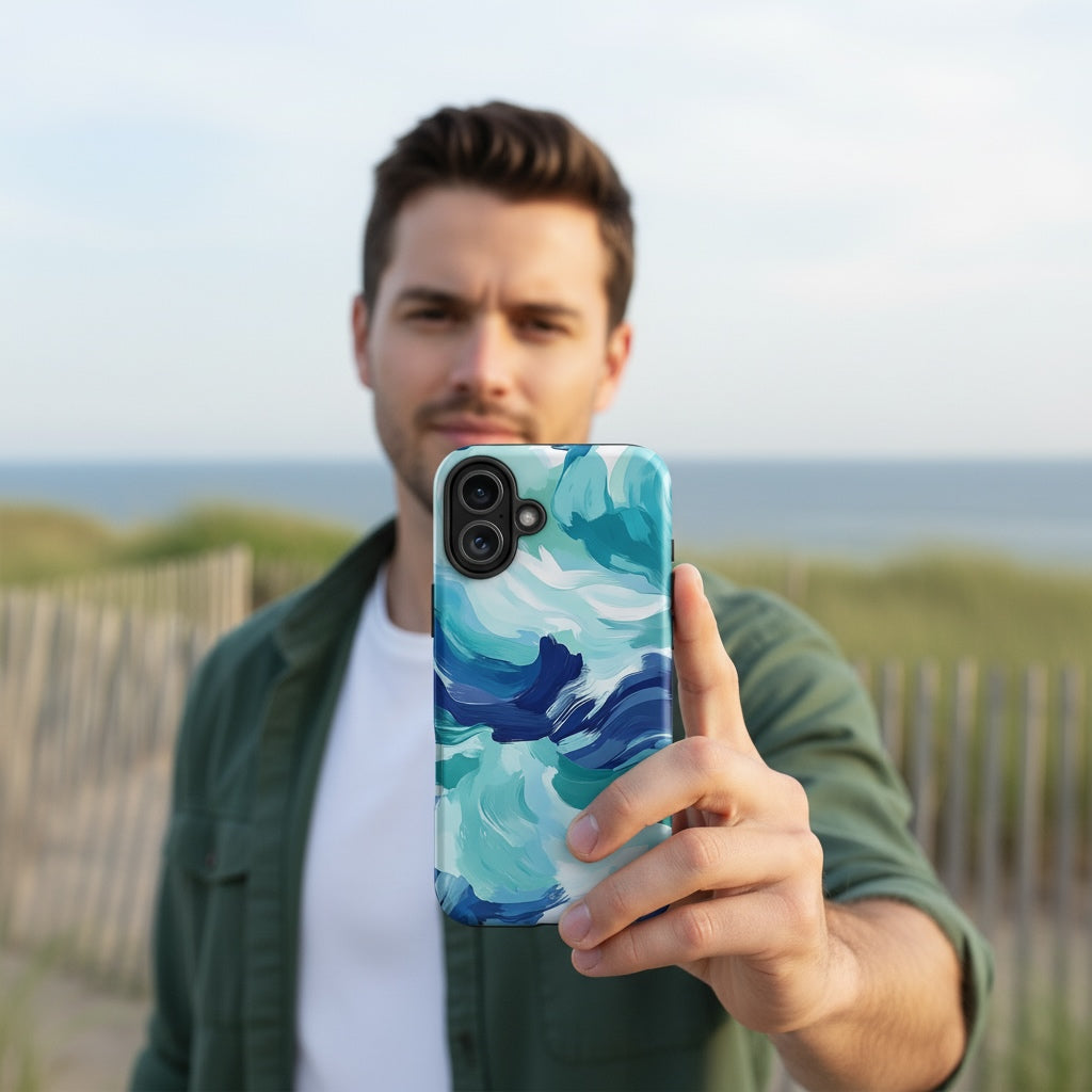 Lifestyle image of Abstract pattern iPhone case with the Oceanic Whispers artwork by Drese Art