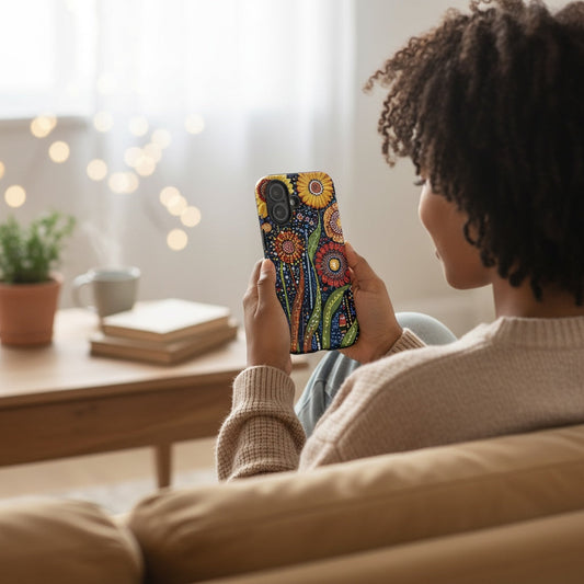 Lifestyle image of Ethnic floral iPhone case with the Sunlit Dreaming artwork by Drese Art