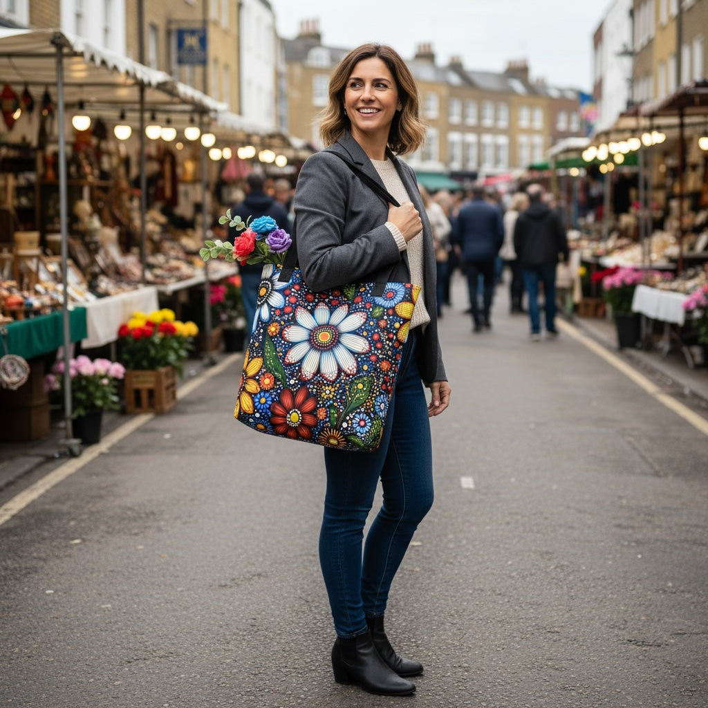 Lifestyle image of a Ethnic floral tote bag with the Blooming Dreamtime artwork by Drese Art