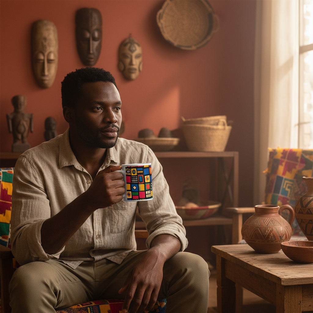 Lifestyle image of African-inspired ethnic pattern ceramic mug with the Tribal Tapestry artwork by Drese Art
