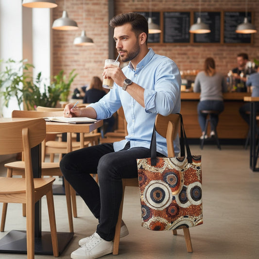 Lifestyle scene showing an Ethnic patterned tote bag featuring the Sacred Earth artwork by Drese Art