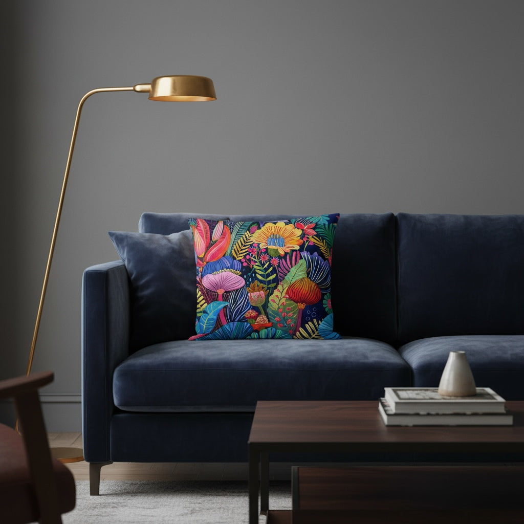 Lifestyle image of a floral throw pillow with the African Blossoms design by Drese Art