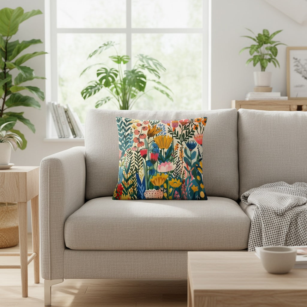 Lifestyle image of hygge throw pillow Nordic Flora by Drese Art