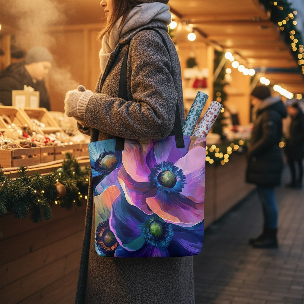 Lifestyle scene showing a Floral tote bag featuring the Luminous Depths artwork by Drese Art