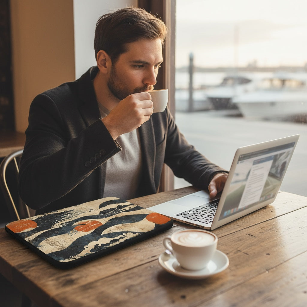 Lifestyle image of a laptop sleeve with the Eternal Tides Japanese design by Drese Art