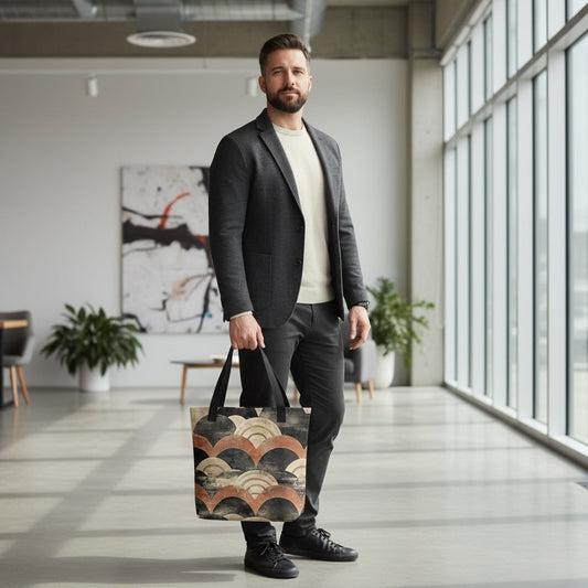 Lifestyle image of a Japanese vintage pattern tote bag with the Aged Tides artwork by Drese Art