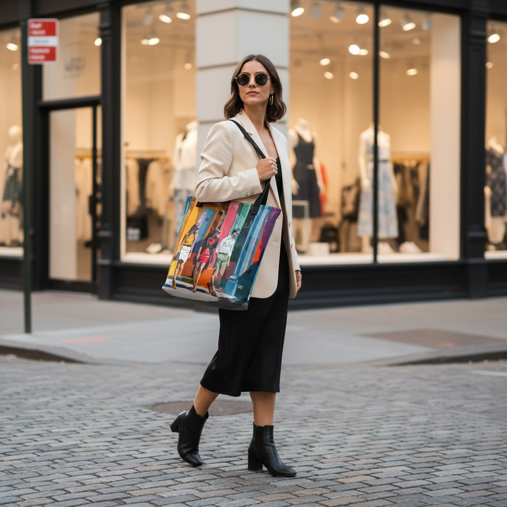 Lifestyle scene showing an American vintage tote bag featuring the SoHo Style artwork by Drese Art