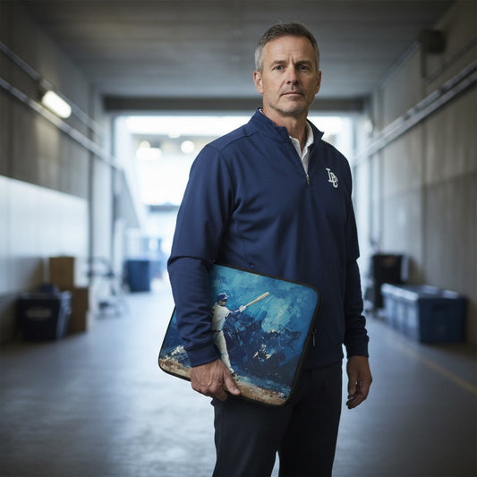 Lifestyle image of Baseball-inspired laptop sleeve with the Frozen Swing artwork by Drese Art