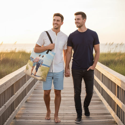 Lifestyle image of a tote bag with the Stroll by the Beach design by Drese Art