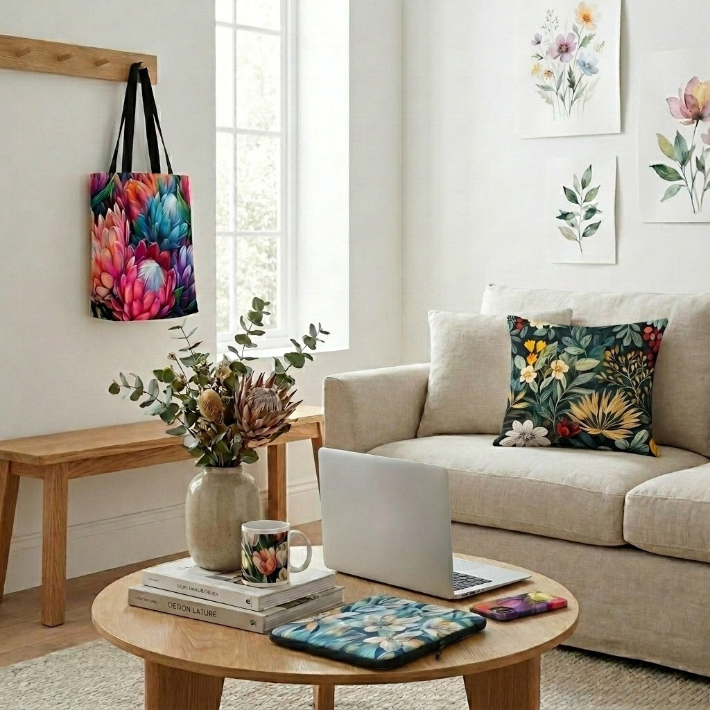 Floral-inspired everyday products including tote bags, laptop sleeves, mugs, and home accessories styled in a bright modern interior.