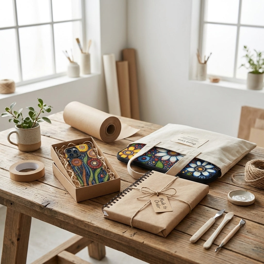 Made-to-order artistic lifestyle products wrapped in eco-friendly packaging in a minimalist creative workspace.