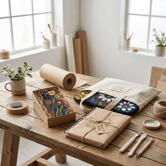Made-to-order artistic lifestyle products wrapped in eco-friendly packaging in a minimalist creative workspace.