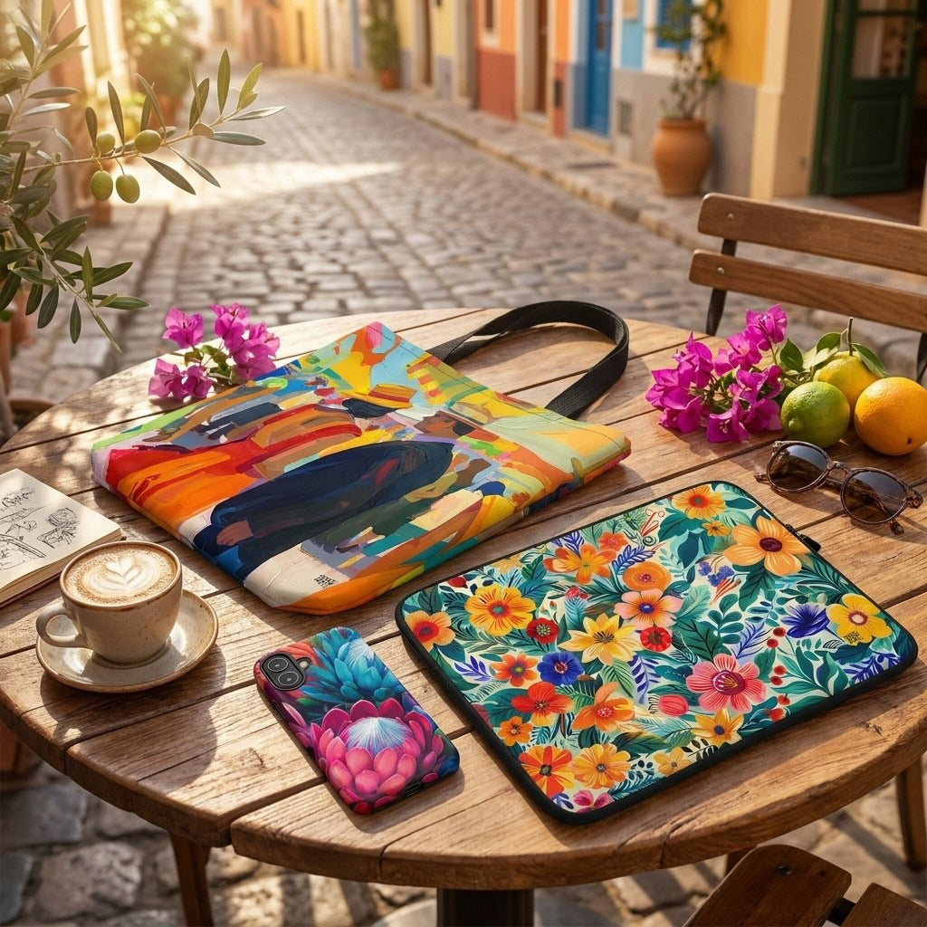 Coordinated artistic tote bag, laptop sleeve, and iPhone case displayed together in a colorful Mediterranean-inspired outdoor setting.