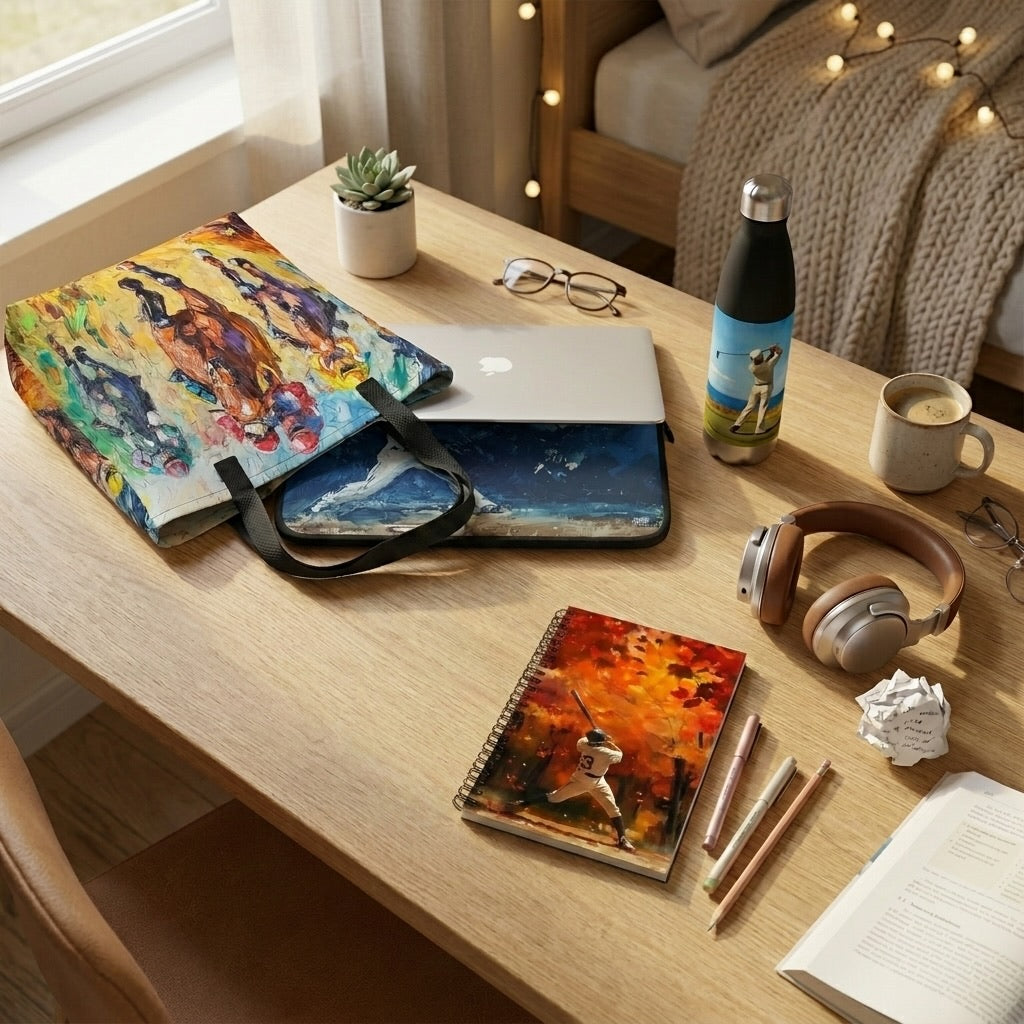 Artistic student essentials including tote bag, laptop sleeve, notebook, and insulated water bottle arranged on a cozy study desk.