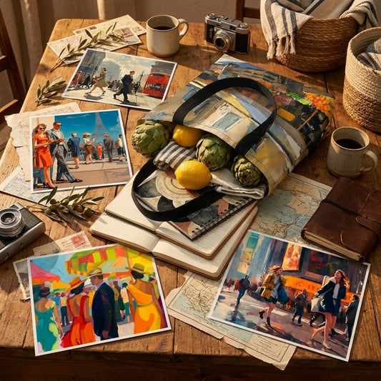 Travel-inspired artistic tote bag surrounded by vintage maps, postcards, notebooks, and cultural lifestyle objects.