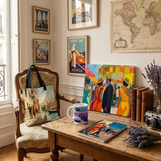 Vintage travel-inspired lifestyle products including tote bag, mug, and notebook displayed in an artistic European-style interior.