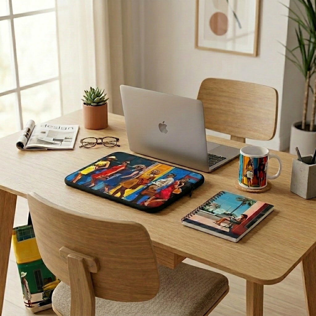 Minimalist creative workspace with artistic laptop sleeve, notebook, and mug arranged on a modern wooden desk.