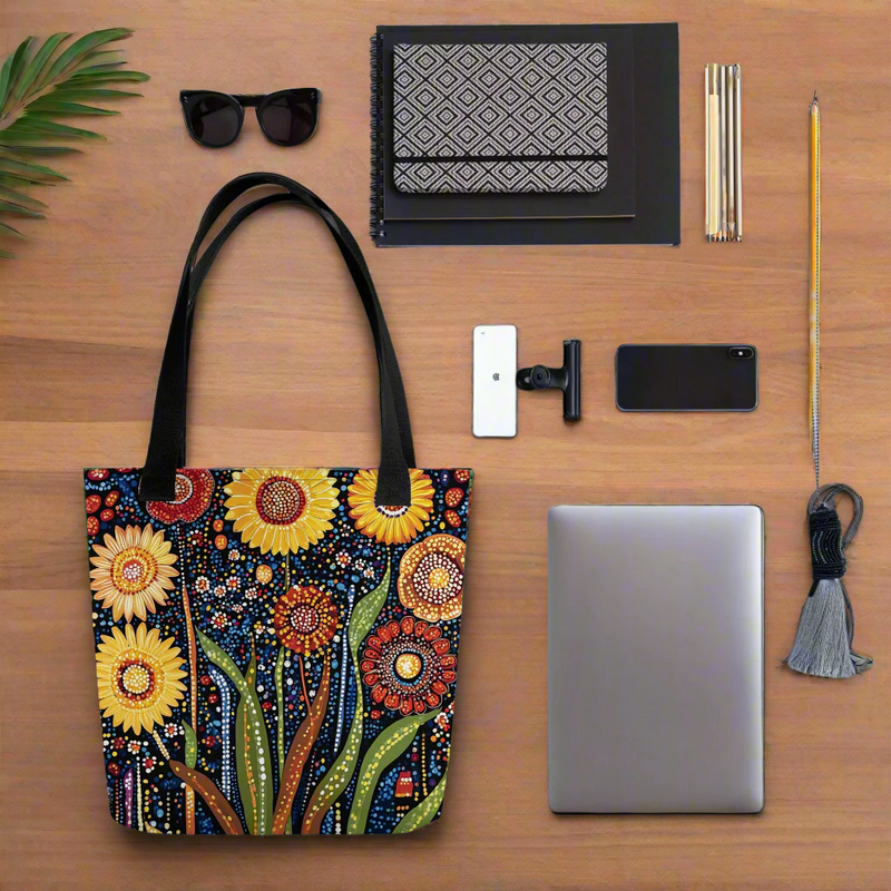 aboriginal-floral-tote-bag-sunlit-dreaming-drese-art-3