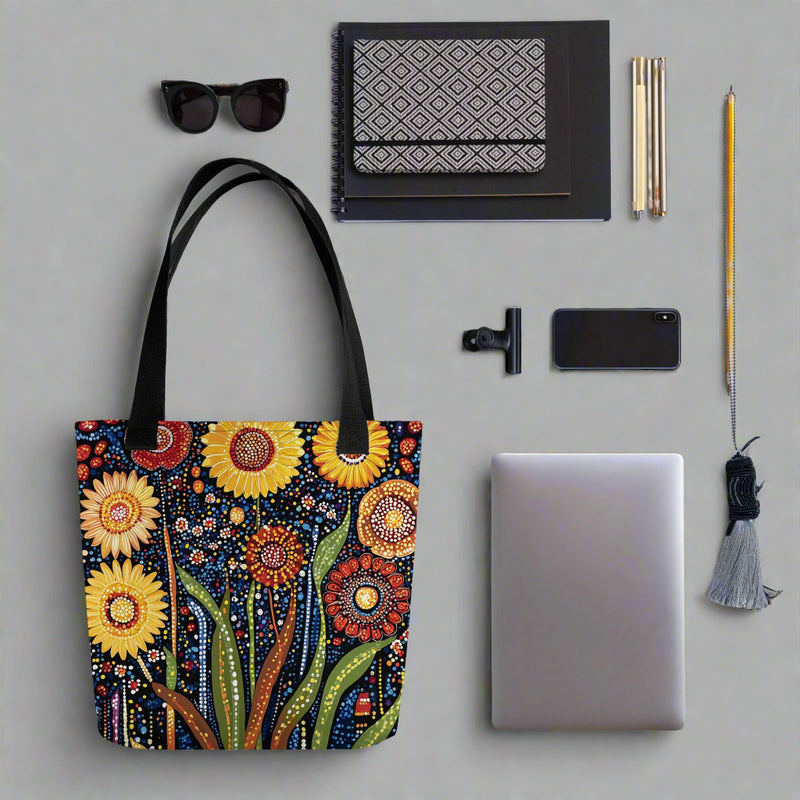 aboriginal-floral-tote-bag-sunlit-dreaming-drese-art-9