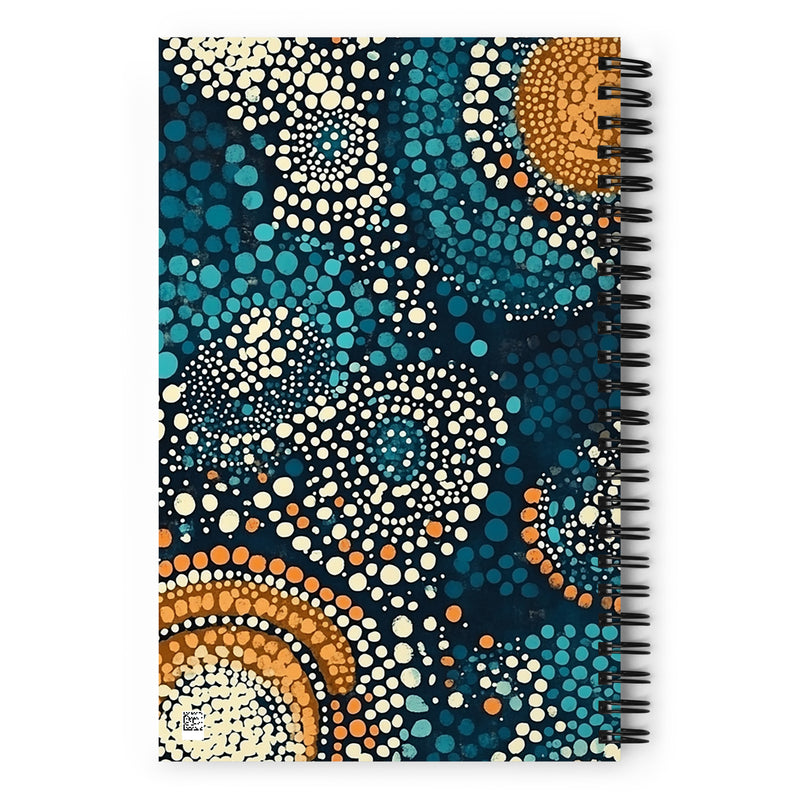 Back cover of Ethnic patterned spiral notebook with the Dreaming Currents artwork by Drese Art