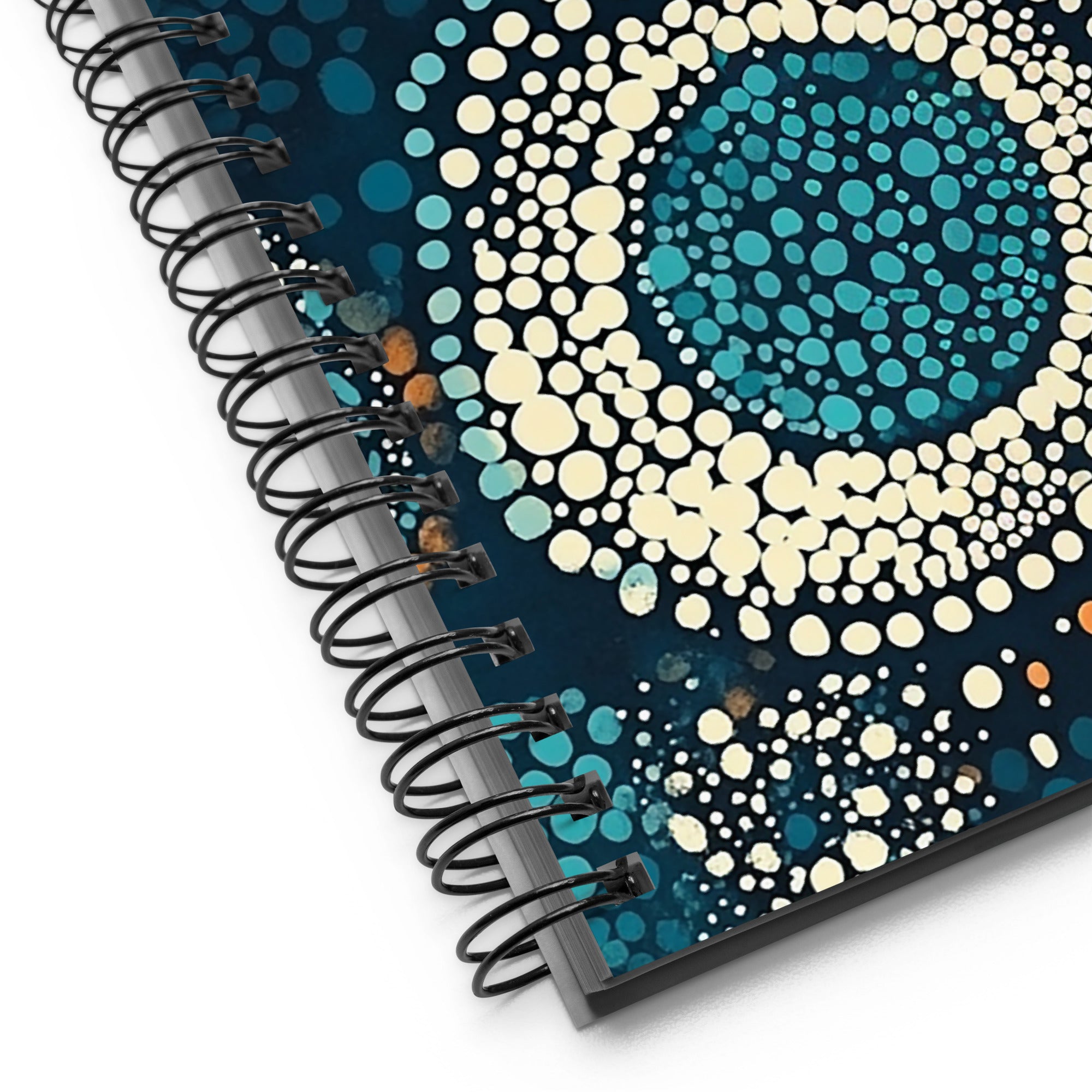 Close-up of Ethnic patterned spiral notebook with the Dreaming Currents artwork by Drese Art