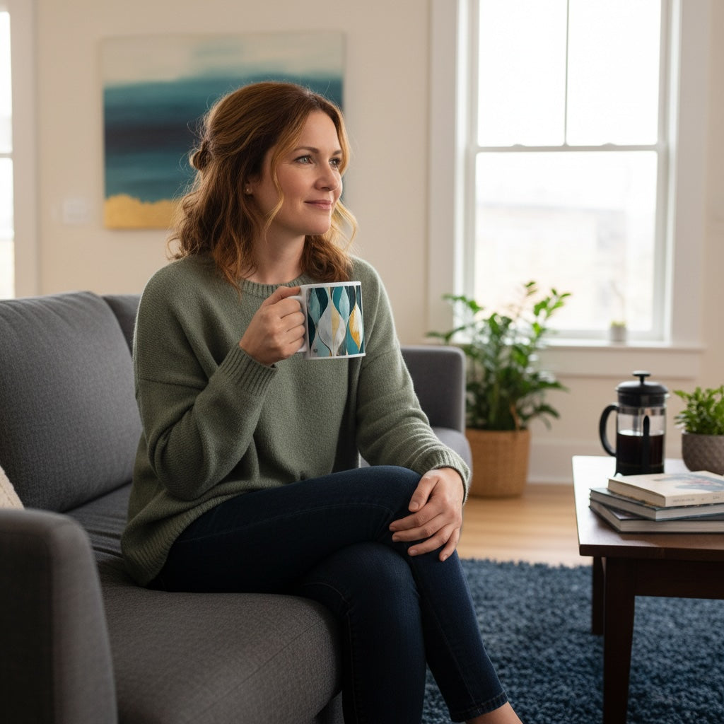 Lifestyle image of Abstract pattern ceramic mug with the Gilded Currents artwork by Drese Art