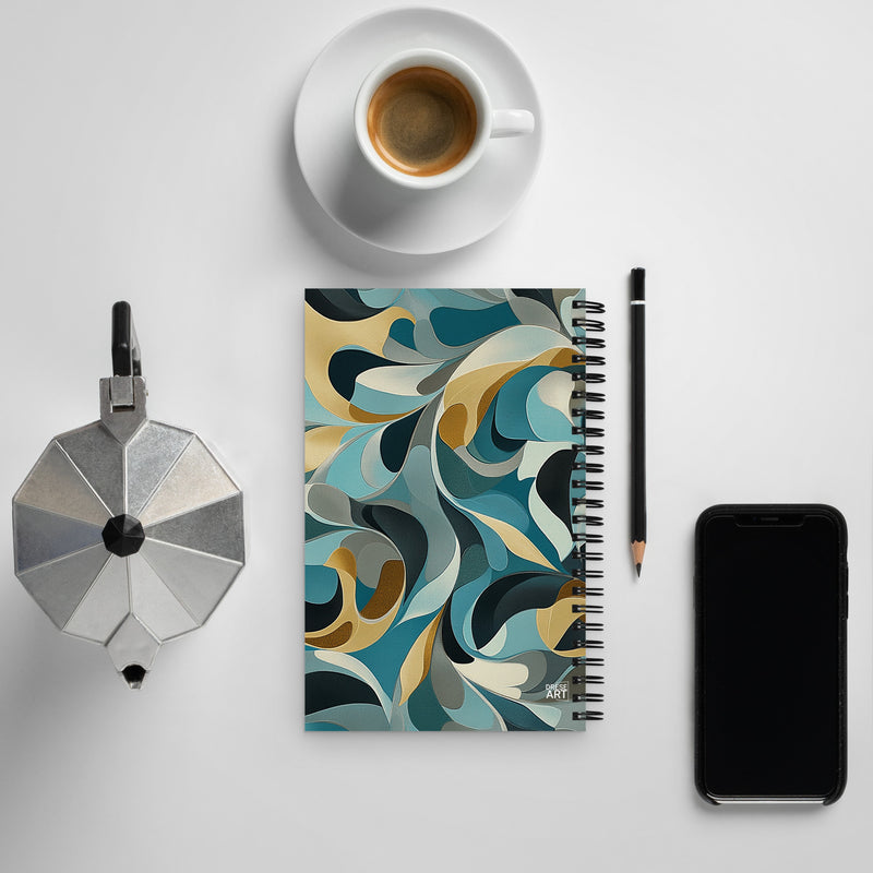 Context image of Abstract pattern spiral notebook (back cover) with the Aqua Reverie artwork by Drese Art
