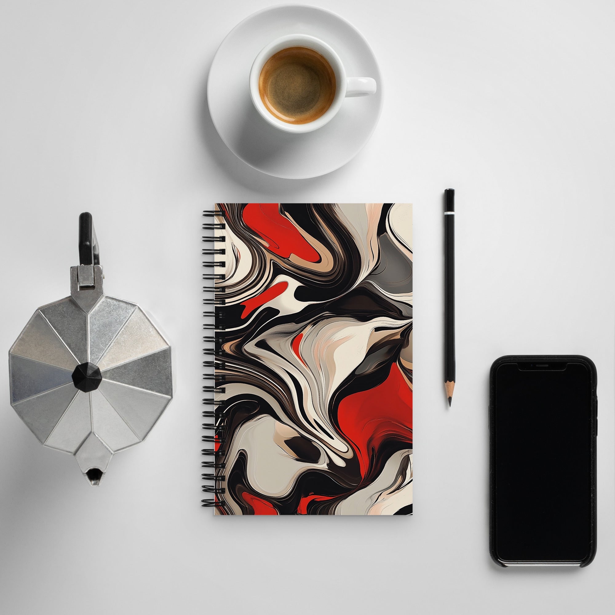 Context image of Abstract pattern spiral notebook with the Crimson Flux artwork by Drese Art