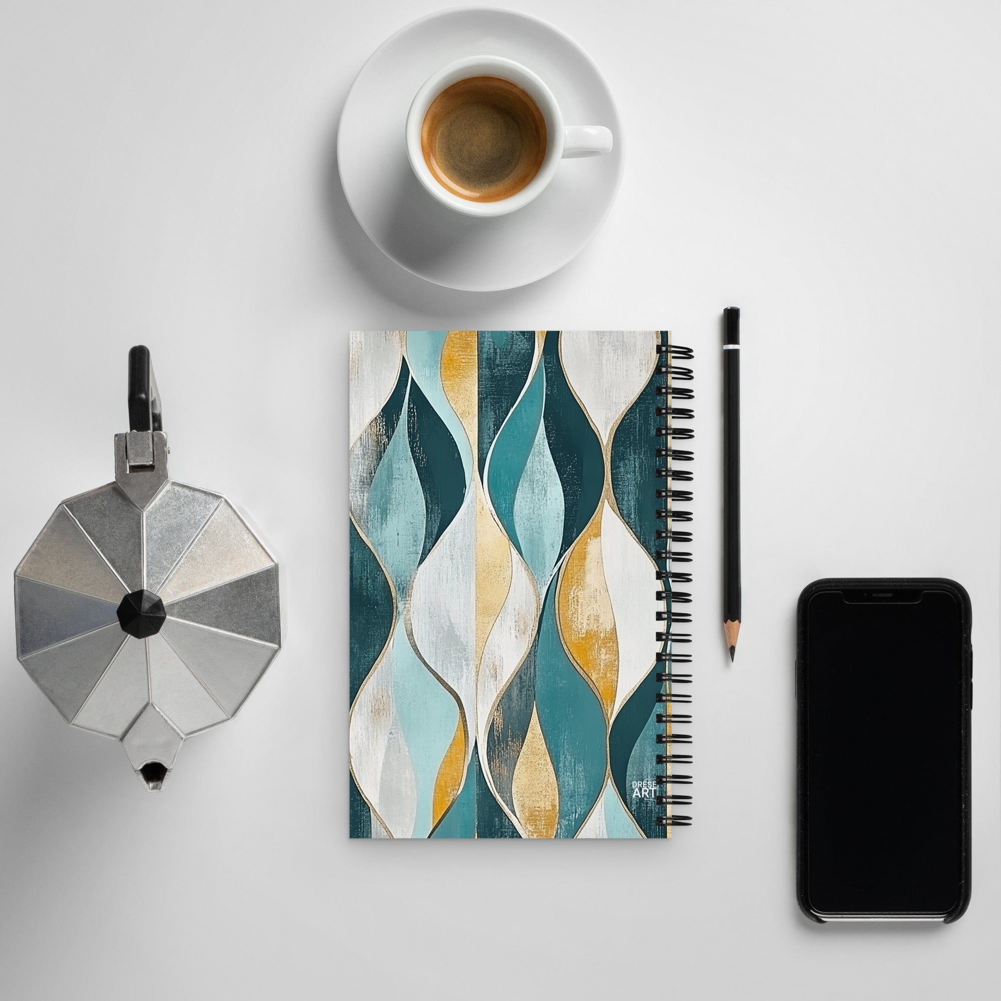 Context image of Abstract pattern spiral notebook (back cover) with the Gilded Currents artwork by Drese Art