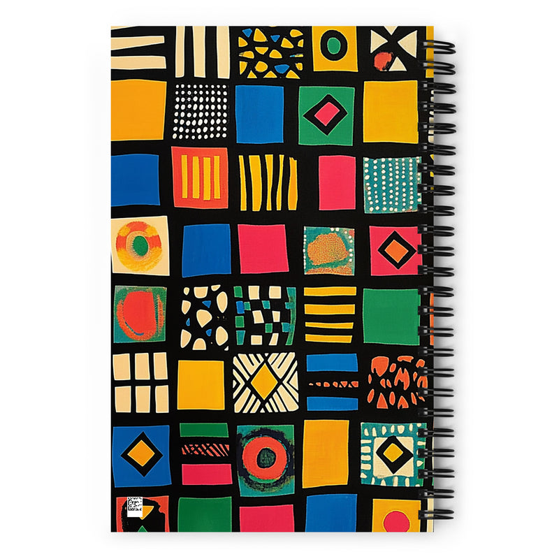 Back cover of African-inspired ethnic pattern spiral notebook with the Tribal Tapestry artwork by Drese Art