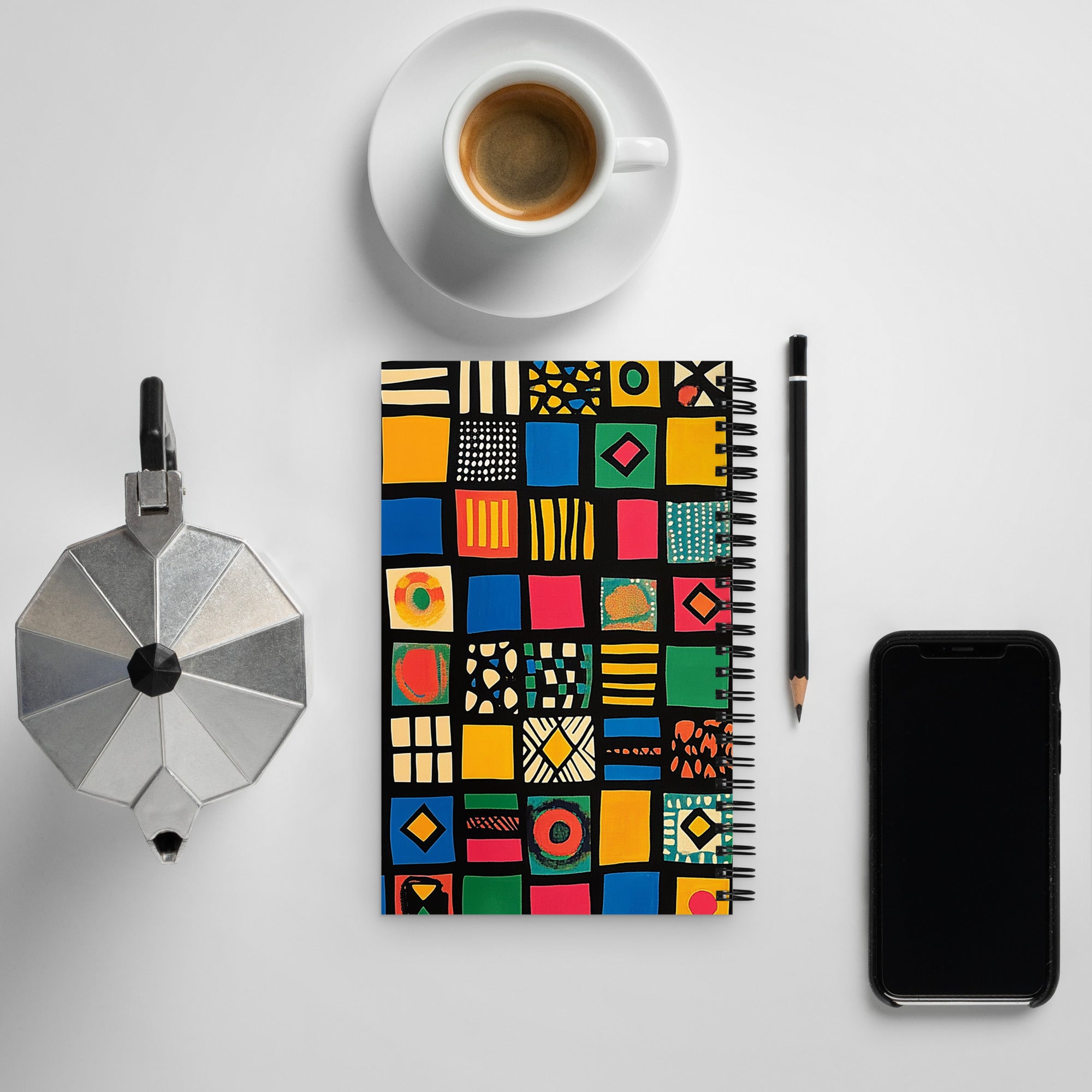 Context image of African-inspired ethnic pattern spiral notebook (back cover) with the Tribal Tapestry artwork by Drese Art