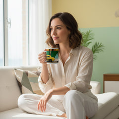 Lifestyle image of American vintage ceramic mug with the Miami Mid-Century artwork by Drese Art