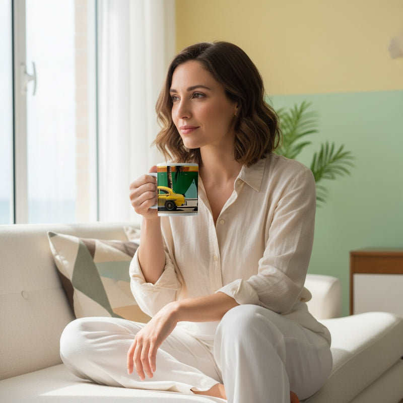 Lifestyle image of American vintage ceramic mug with the Miami Mid-Century artwork by Drese Art