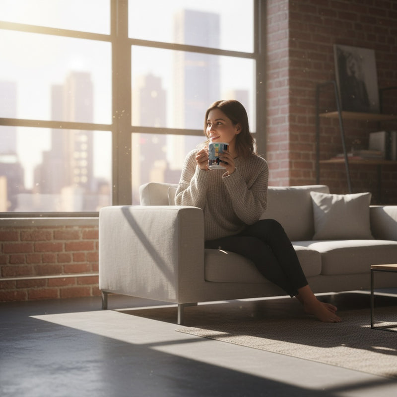 Lifestyle image of American vintage ceramic mug with the New York Vibes artwork by Drese Art