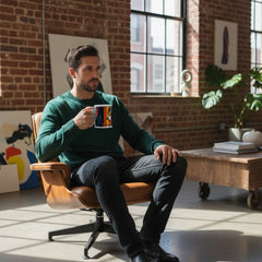 Lifestyle image of American vintage ceramic mug with the SoHo Style artwork by Drese Art