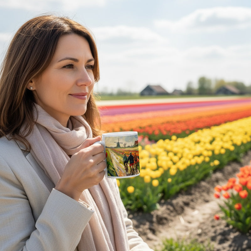 Lifestyle image of Floral Dutch landscape ceramic mug with the Through Tulip Fields artwork by Drese Art