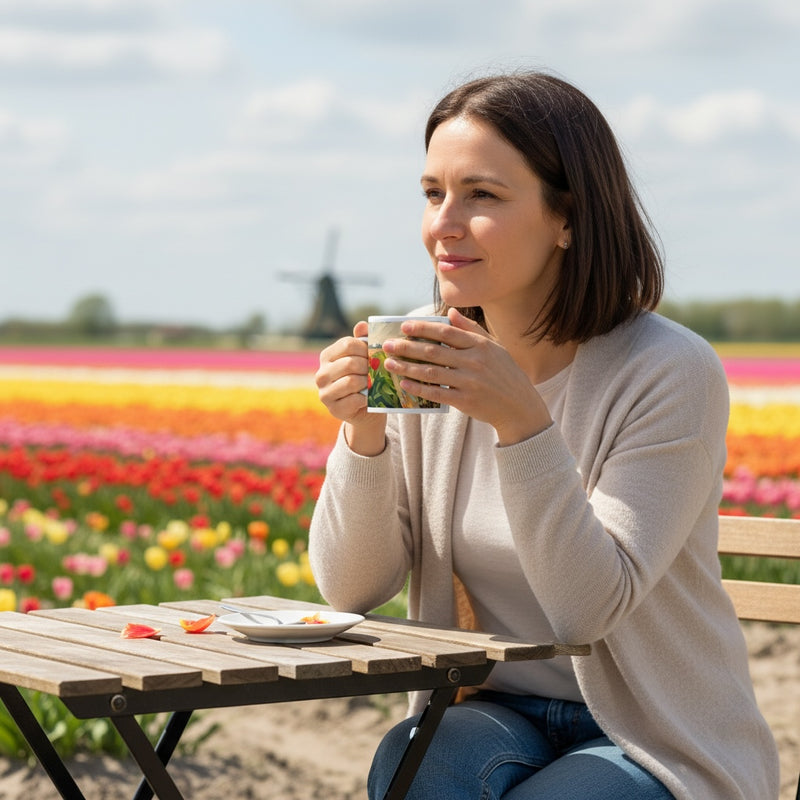Lifestyle image of Floral Dutch landscape ceramic mug with the Through Tulip Fields artwork by Drese Art