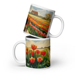 Floral Dutch landscape ceramic mug with the Through Tulip Fields artwork by Drese Art