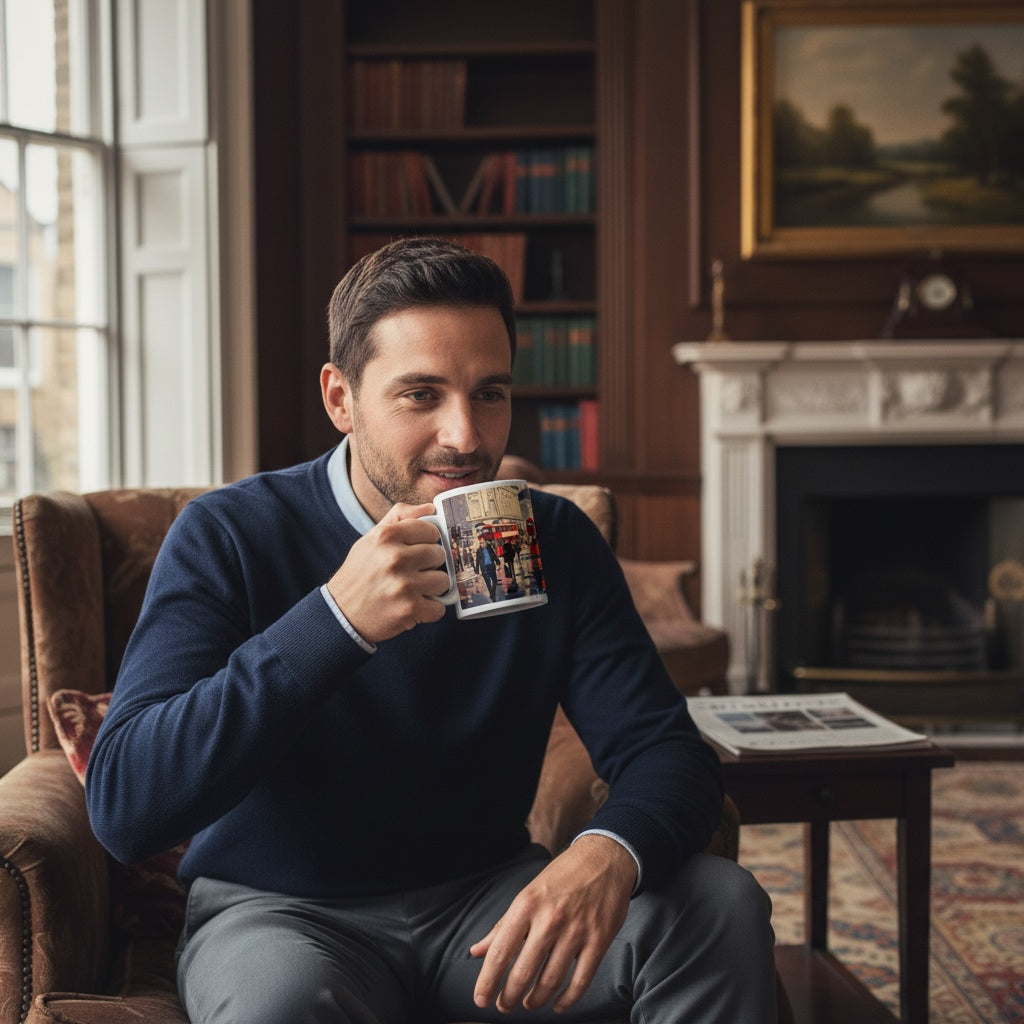 Lifestyle image of Vintage London ceramic mug with the London Scene artwork by Drese Art