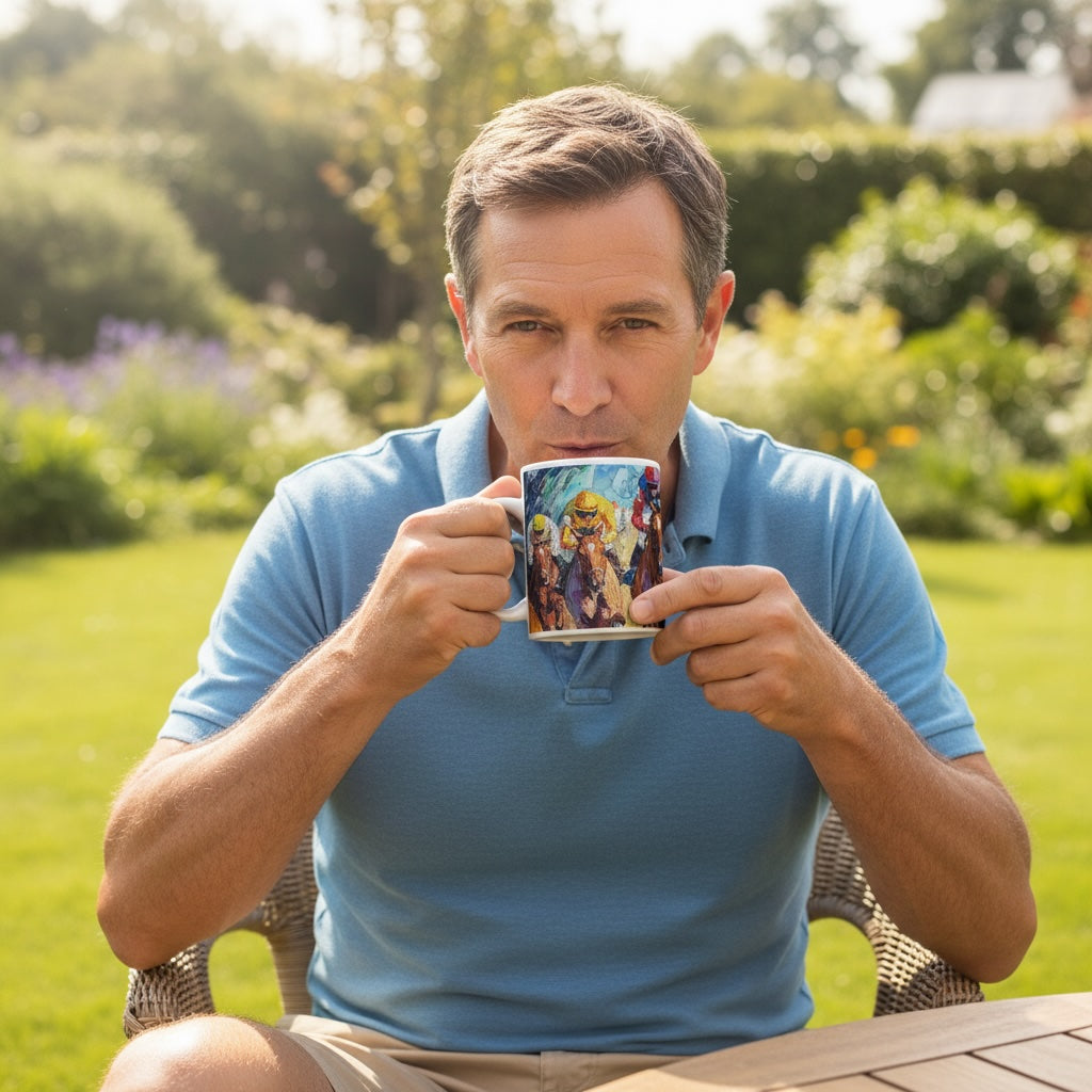 Lifestyle image of Equestrian-themed ceramic mug with the Fury of the Finish artwork by Drese Art