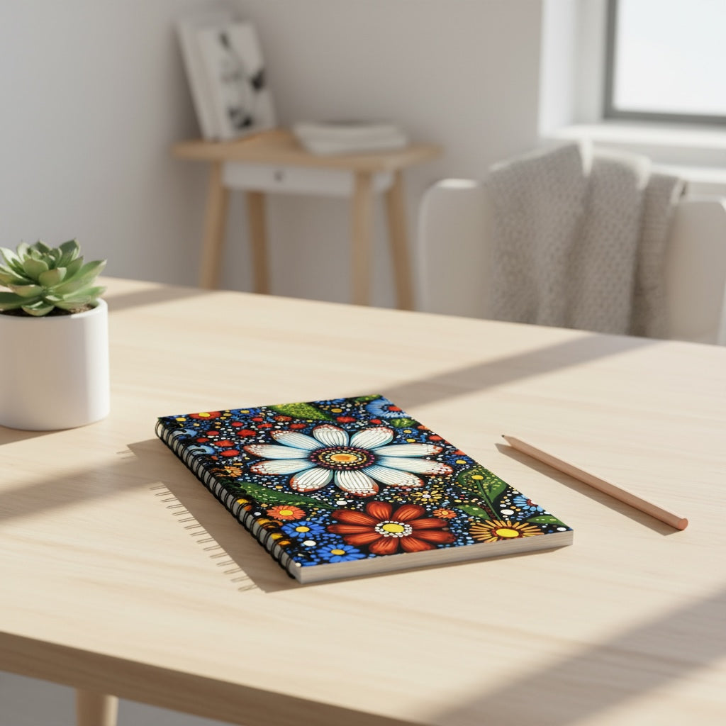 Lifestyle image of Ethnic floral spiral notebook with the Blooming Dreamtime artwork by Drese Art