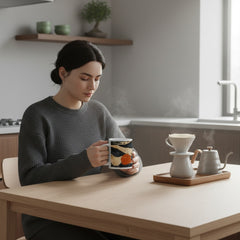 Lifestyle image of Japanese vintage pattern ceramic mug with the Eternal Tides artwork by Drese Art